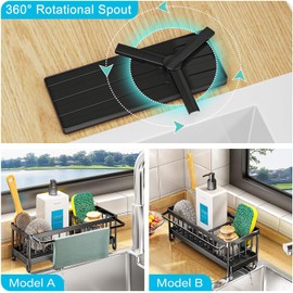Porta Esponja Fregadero, Soporte de Esponja para Fregadero de Cocina, Aceros Inoxidables Organizador para Fregadero de Cocina con Caño Giratorio para Jabón y Cepillo,Negro