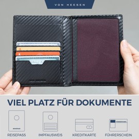 VON HEESEN Passport Holder Leather with RFID Protection for Men and Women, Black carbon, Portrait