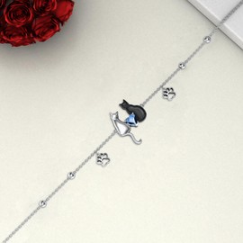 VONALA Cat Bracelet 925 Sterling Silver Black Cat Bracelet for Women Heart Crystal Paw Print Link Chain Bracelets Pet Jewellery Gifts