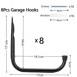 pipabiba 8 Pack Garage Ladder Hooks 17cm Heavy Duty Wall Mounted Hanger for Bike Ladder Folding Chairs and Bulky Items (17cm x 17cm) Black