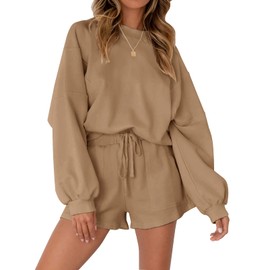 MEROKEETY Women's 2024 Fall Oversized Batwing Sleeve Lounge Sets Casual Top and Shorts 2 Piece Outfits Sweatsuit Khaki