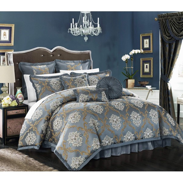 Chic Home CS4622-AN 9 Piece Aubrey Decorator Upholstery Quality Jacquard Scroll Fabric Bedroom Comforter Set & Pillows Ensemble, Queen, Blue