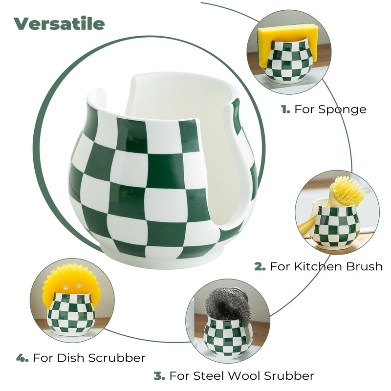 Kitchen Sponge Holder, Ceramic Sponge Organizer Checkered Scrubby Holder Sink