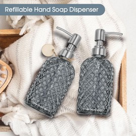 2 Pack Gem-Patterned Glass Soap Dispenser with Rust Proof Stainless Steel Pump-13 oz Liquid Hand Soap Dispenser for Kitchen & Bathroom,Great for Lotions, Essential Oil, Liquid Soaps-Gray