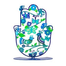 Yair Emanuel Small Standing Hamsa Hand Amulet 4 inch | Colorful Good Luck Charm | Hamsah Stand Home Blessing | Judaica Art Gift (Birds - Blue SHG-19)