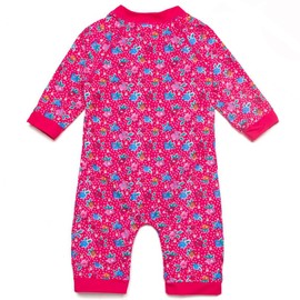BONVERANO Little Girls' Swimming Costume One Piece Extra Long Zip with Swimming Cap UV Protection 50+, Red (red flowers), 18 - 24 months