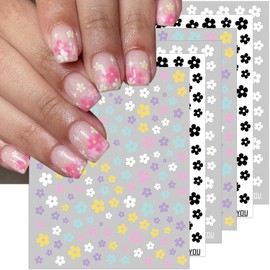 Flower Nail Art Stickers 3D Self-Adhesive Flowers Nail Decals Black White Colorful Flowers Design Nail Decals Small Flower Nail Art Decoration Sticker for Manicure Nail DIY Supplies 6 Sheets