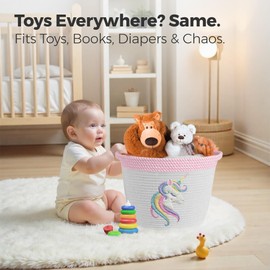 Unicorn Storage Basket for Nursery – Large 15”x11” Cotton Rope Bin with Soft Felt Animal Patch – Toy Organizer, Baby Laundry Hamper, Diaper & Towel Holder – Foldable, Washable & Baby-Safe