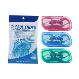 Cool Shock | Flossers con hilo firme y mango antideslizante. Incluye 3 Bolsas c/40pz .3 Estuches c/12pz.