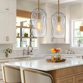 Kitchen Island Pendant Lights Gold Vintage Blown Glass Pendant Light Fixtures Farmhouse Hanging Lighting 1 Light with 11.4in Height Clear Thick Organic Glass Shade for Kitchen Sink Bar, E26,1 Pack
