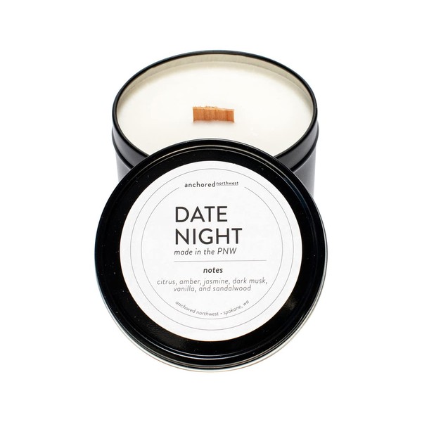 Anchored Northwest - Date Night Travel Tin Candle, 6oz BlackMetal Tin, American Cedar Wood Wick, Hand Poured, Essential Oil Blend 100% Soy Wax, 35+ Hour Burn