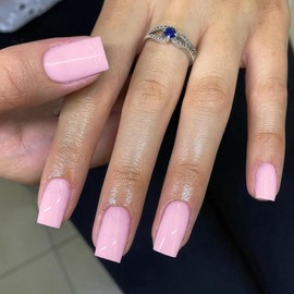 Pink Nails Press ons, Press on Nails Medium Square Glue on Nails Short Acrylic Glue on Medium Coffin Nail Gel Fake Nail False for Women, Thick Solid Color 24Pcs