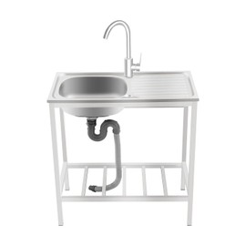 DCEHKR 2-Tier Outdoor Utility Sink, Free Standing Single Bowl Kitchen Sink, Stainless Steel Laundry Tub with Hot and Cold Faucet, Kitchen Single Bowl Sink, Washing Hand Basin Station, 29.5x15.7x29.5in