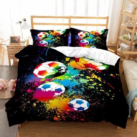 Tabeskly Kids Boys Graffiti Multicolor Football Soft Zipper Bed Bedding Duvet Cover Set Single Black 135×200cm