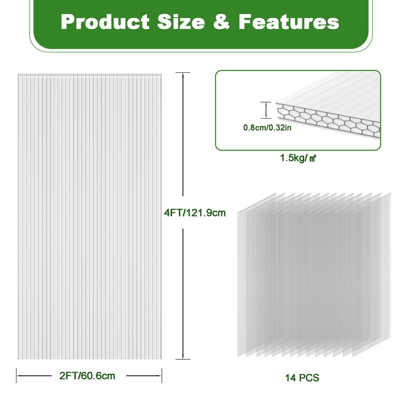 Quibbay 6PCS Polycarbonate Greenhouse Panels, 4' x 2' x 0.32''