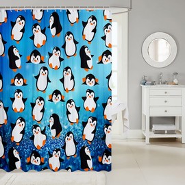 Cartoon Penguins Kids Shower Curtains,Cute Arctic Pole Animals Bathroom Curtains for Girls Boys Bedroom,Starry Sky Dots Glitter Blue Romantic Waterproof Curtains,12 Hooks Suits,72" W x 72" L