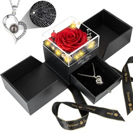 FOCIE Preserved Red Real Rose -Eternal Flowers Rose Birthday Gifts for Women Her Mom Grandma Wife Girlfriend on Mothers Day Valentines Day Christmas Anniversary with I Love You Necklace