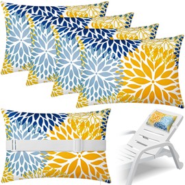 Lineshading 4 Pcs Chaise Lounge Head Pillow with Strap Outdoor Waterproof Neck Headrest Pillows with Adjustable Elastic Band for Beach Chair(Yellow,Floral)