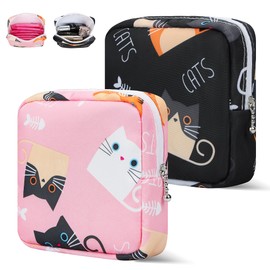 Likesing Period Bag Pouch, Canvas Sanitary Napkin Storage Bag for Girls Womens, Portable Sanitary Napkin Period Pad Pouch Bag for Purse, Small Make Up Bags(Cat, Pink)