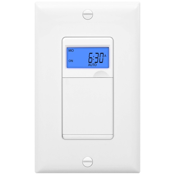 Enerlites 7 Days Digital in-Wall Programmable Timer Switch for Lights, Fans, and Motors, Single Pole, Neutral Wire Required, 7-Day 18 ON/Off Timer Settings, with Blue Backlight, HET01, White - HET01-W-STICKERED