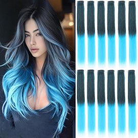 12 Pcs Black＋Sky Blue hair extensions 22 Inch Straight colored hair colorful clip in extensions Highlight Party for Kids Girls and Women Gift (Black＋Sky Blue,61)