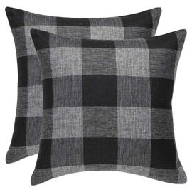 sourcing map Pack of 2 Check Cotton Linen Cushion Cover, Decorative Throw Pillow Cases for Home Couch Bed Car Decors - Square Pillow Covers 45x45cm/18x18in, Black, Grey 45 x 45cm