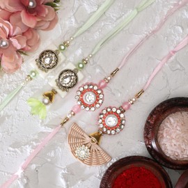 Rakhi Bhaiya Bhabhi Veera Rakhi Set Rakhi Lumba Set Couple Pair with Dora for Brother Bhabhi Rakhi Set of 4 Family Rakhi Gift Pack Thread Bracelet Dori for Raksha Bandhan Indian Traditional Festival