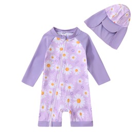 Toddler Baby Girls Swimsuit One-Piece Zipper Swimwear UPF 50+ Sun Protection Bathing Suit with Hat Purple