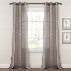 Lush Decor Farmhouse Textured Grommet Sheer Window Curtain Panel Pair, 38"W x 84"L, Brown