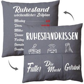 QIMMU Retirement Cushion Cover, 45 x 45 cm, Retirement Pillow with 3 Pockets, Retirement Gift Cushion Cover, Pension Gifts, Man Cushion for Men, Dad for Christmas, Birthday, Father's Day, etc