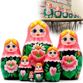 AEVVV Matryoshka Russian Doll Set 7 pcs - Nesting Dolls in Sarafan Dress with Sakura