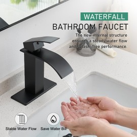 VOTON Black Bathroom Faucets Modern Waterfall Bathroom Sink Faucet Matte Black Single Handle Bathroom Faucet for 1 or 3 Holes with Deck Plate, Rv Sink Camper Farmhouse Bathroom Utility Remodel Faucet