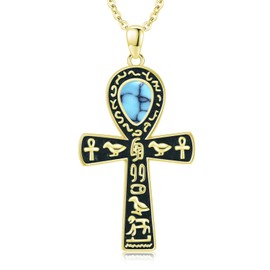Freesloth Ankh Necklace Women Sterling Silver Egyptian Necklace Gold Ankh Cross Pendant for Men Women Ancient Egyptian Hieroglyphic Symbol with Turquoise Amulet Jewelry