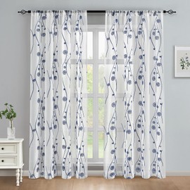 HOMEIDEAS Navy and White Sheer Curtains 52 X 84 Inches Length 2 Panels Blue Embroidered Wave Line with Spiral Pattern Faux Linen Semi Sheer Voile Window Drapes for Bedroom Living Room