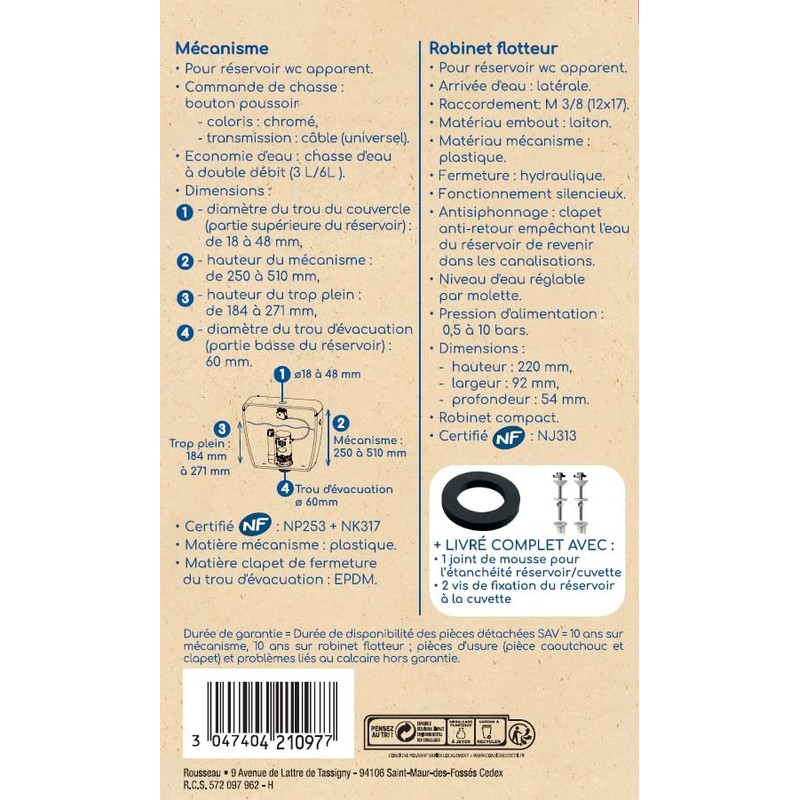 Rousseau 4210977 Flush Kit with Push Button Mechanism and Float