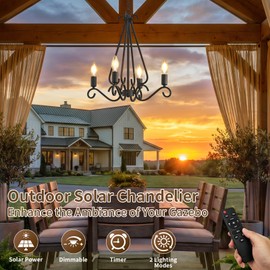 SADALAK Solar Chandelier Outdoor, 4 Candle-Style Dimmable Solar Powered Hanging Pendant Light Fixture, Waterproof Farmhouse Outdoor Decor Lighting for Gazebo, Pergola, Porch, Patio, Backyard, Garden