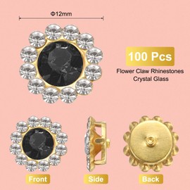 sourcing map 100pcs Sew on Rhinestones, 12mm Flower Claw Rhinestones Crystal Glass Metal Base Sewing Gems Buttons for Sewing Accessories Clothes Shoes Earring Belt Crafts, Black