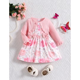 puseky Baby Girl Dress and Cardigan Set False 2 Piece Baby Girl Floral Print Long Sleeve Bow Dress Baby Girls Sundress 9-12 Months Pink