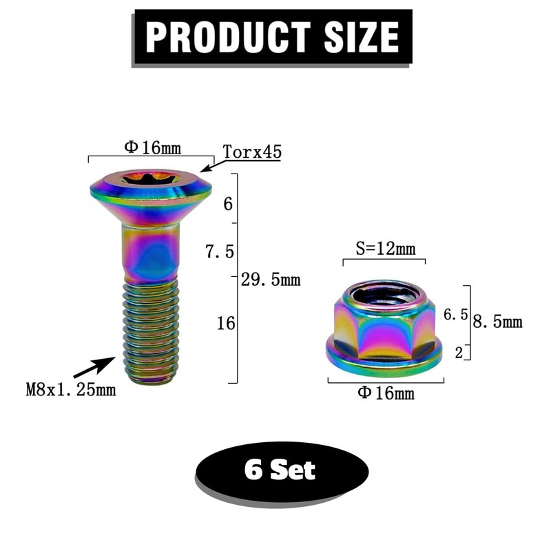 RISON-Titanium Set of 6 Titanium Chainring Bolts M8, Sprocket Screws