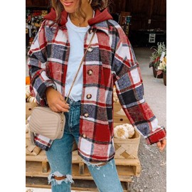 SHEWIN Womens Casual Plaid Hooded Flannel Shacket Jacket Hoodie Fall Winter Long Sleeve Oversized Button-Down Boyfriend Shirts Tops,US 18-20(2XL),Red