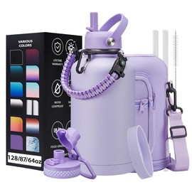 32oz 40oz 64OZ 128oz Vacuum Insulated Water Bottle - Keep Hot Cold Vacuum Flasks with Straw & Spout Lids, Paracord Handle, Water Bottler Carrier Holder & Protective Cup Mat, 1.8L Stainless Steel Water Jug Vacuum Insulated - Color: Lilac Purple, Size: 64o