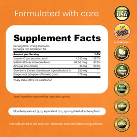 NaturaLife Labs Vitamin C with Vitamin D3, Zinc, Elderberry & Ginger Root – 1,700 mg per Serving – 100 Capsules, Vegan, Non-GMO, Gluten Free