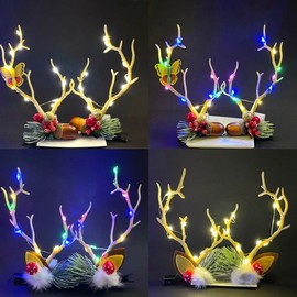 Christmas Luminous Hairpins & Headbands (Deer Antler, Fairy) Festive Branch Pinecone Hairpins (Pair) - Warm Lights 4ea