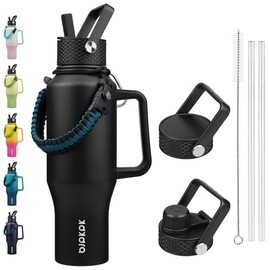 BJPKPK Insulated Water Bottles with Straw Lid, 35oz Metal Water Bottle with 2 lids & Paracord Strap, Double Wall Stainless Steel Tumbler with Handle, Reusable Cups, Mugs, Thermos, Black