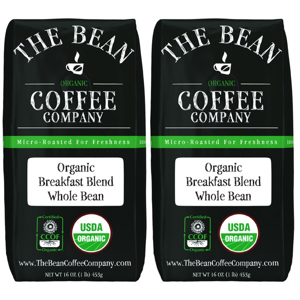 The Bean Coffee Company Organic Breakfast Blend, Medium Roast, Whole Bean, 16 Oz Bags (Pack Of 2)