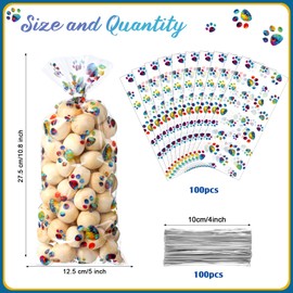 Blulu 100 Pieces Pet Paw Print Cone Cellophane Bags Heat Sealable Candy Bags Dog Paw Gift Bags Cat Treat Bags with 100 Pieces Silver Twist Ties for Pet Treat Party Favor (Rainbow Color)