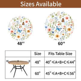 Spring Floral Round Fitted Tablecloth with Elastic Edge, KUAOOAUK Waterproof Round Table Cover with Butterfly Flower Leaves, Reusable Wipeable Table Cloth for Home Kitchen Party, Fits 40-44" Diameter