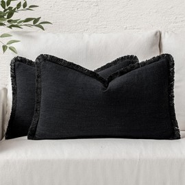 MIULEE Set of 2 Linen Throw Pillow Covers Decorative Lumbar Pillow Covers Farmhouse Style Boho Cushion Covers Black Pillow Covers with Fringe for Living Room 12x20 Inch