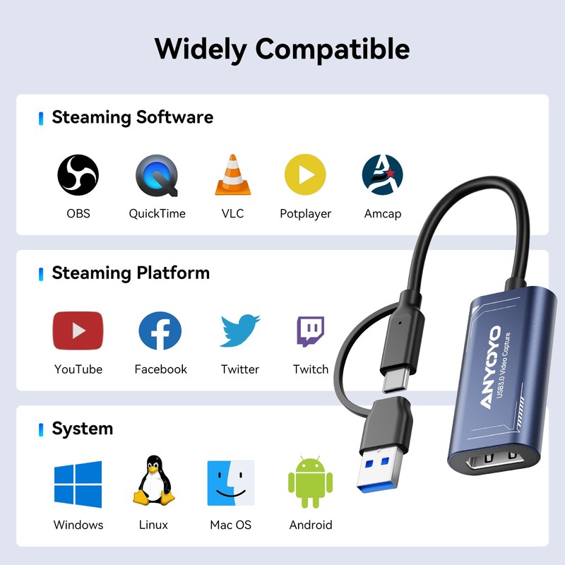 Capture Card, ANYOYO 1080P 60FPS Capture & 4K30 Input Video