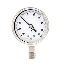 PIC Gauge 4001-2LCC 4" Dial, 30/0/30 psi Range, 1/2" Male NPT Connection Size, Bottom Mount Dry Process Pressure Gauge with a Stainless Steel Case and Internals, Removable Stainless Steel Bezel, and Laminated Safety Glass Lens
